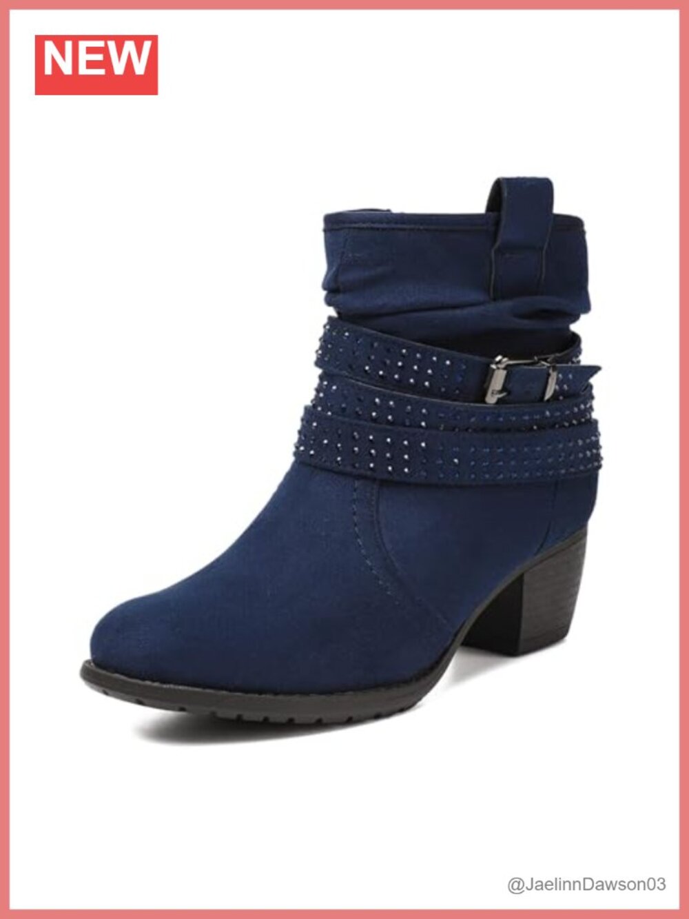 Mid Calf Boots Round Toe Low Heel Slouchy Dress Booties with Jeweled Strap